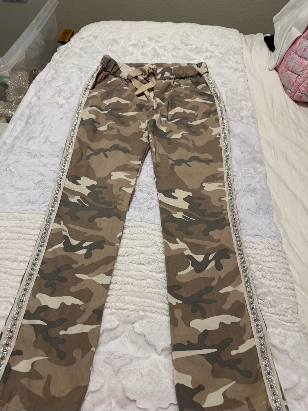 Camo Skinny Jeans with Rhinestone Side Trim - Beige